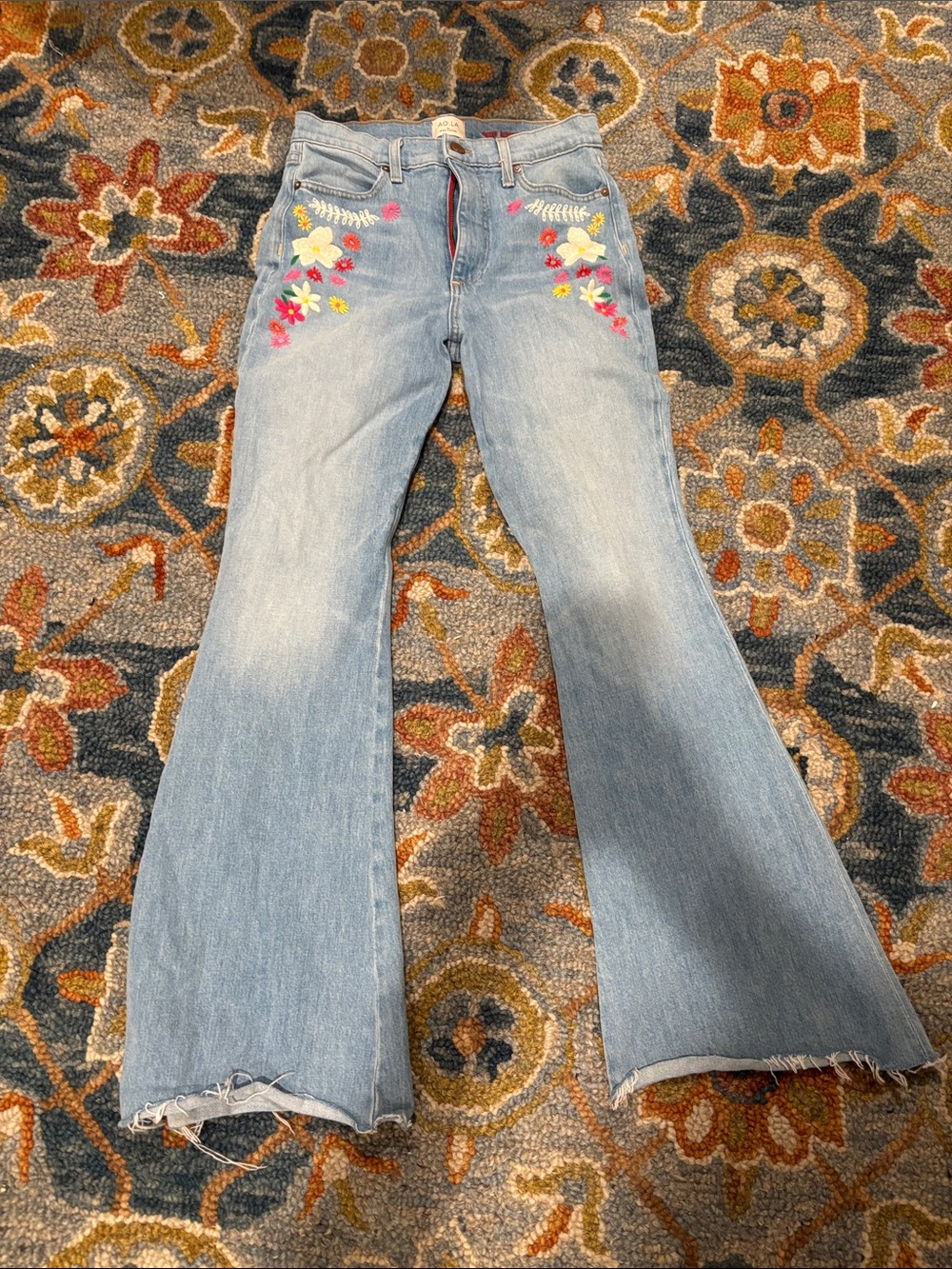 Alice + Olivia Light Wash Floral Embroidered Flare Jeans